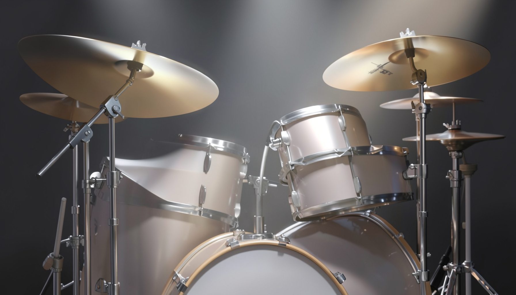 Drum kit detail with cymbals catching stage light in silver and bronze tones