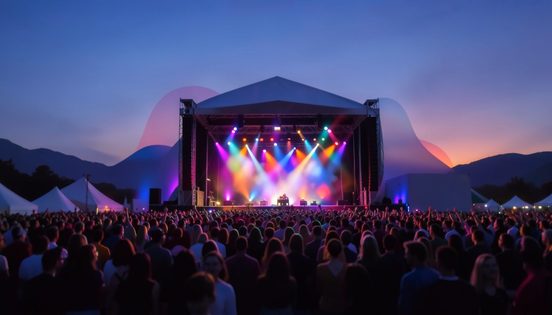 A wide shot of a festival stage at dusk with a large crowd and colorful stage lighting